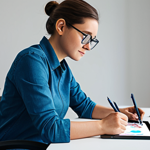 Home 4 A focused professional character designer, fully clothed in a modest, appropriate business casual outfit, sitting at a clean, modern desk in a well-lit design studio. The designer is sketching on a digital tablet, envisioning a vibrant, futuristic dinosaur-robot character for a children's animation series. The desk features abstract shapes, natural elements, and tech references as inspiration. The atmosphere is creative and professional. Perfect anatomy, correct proportions, natural pose, well-formed hands, proper finger count, natural body proportions, professional photography, high quality, safe for work, appropriate content, family-friendly.