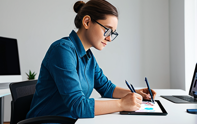 A focused professional character designer, fully clothed in a modest, appropriate business casual outfit, sitting at a clean, modern desk in a well-lit design studio. The designer is sketching on a digital tablet, envisioning a vibrant, futuristic dinosaur-robot character for a children's animation series. The desk features abstract shapes, natural elements, and tech references as inspiration. The atmosphere is creative and professional. Perfect anatomy, correct proportions, natural pose, well-formed hands, proper finger count, natural body proportions, professional photography, high quality, safe for work, appropriate content, family-friendly.