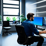 Home 16 **
"A game developer working on a 3D environment with advanced ray tracing. The scene on the monitor displays realistic reflections and lighting. He is in a modern office space, surrounded by computer equipment. Fully clothed, appropriate attire, professional setting, safe for work, perfect anatomy, correct proportions, well-formed hands, proper finger count, natural pose, professional quality, high resolution, family-friendly."
**