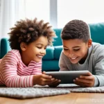 Home 14 다이노코어 관련 퍼즐 게임 출시 정보 - **Prompt:** A cozy and brightly lit living room scene. A diverse group of three children, aged appro...