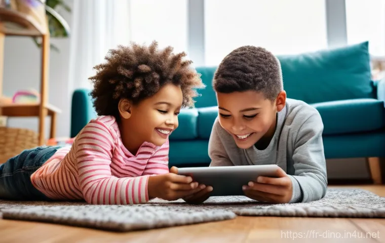 다이노코어 관련 퍼즐 게임 출시 정보 - **Prompt:** A cozy and brightly lit living room scene. A diverse group of three children, aged appro...