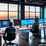 다이노코어 제작사와 다른 애니 제작 비교 - A vibrant, futuristic animation studio workspace featuring a diverse team of creative and technical ...