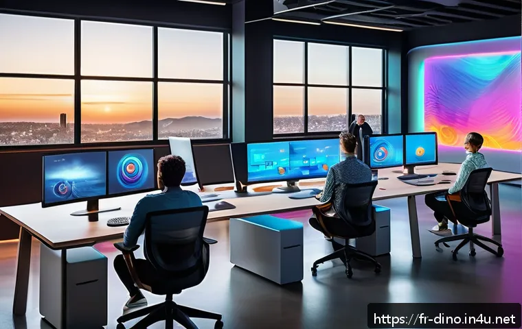 다이노코어 제작사와 다른 애니 제작 비교 - A vibrant, futuristic animation studio workspace featuring a diverse team of creative and technical ...